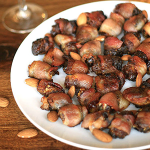 Bacon Wrapped Dates with Blue Cheese & Almonds | Domestic Dreamboat