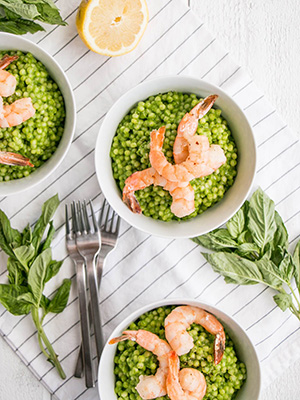 Spinach Petso Israeli Couscous with Prawns