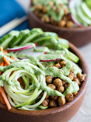 Zucchini Noodle Bowls with Crispy Chick Peas and Jalapeño Dressing | Crumb Top Baking