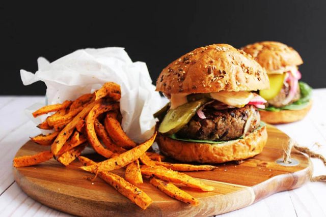 Vegan BBQ Black Bean Burger with Caramelized Onions | Naughty Nutrition