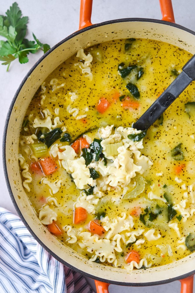 Pot of Chicken Noodle Soup with lasagna noodles