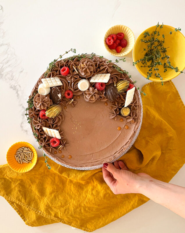 Chocolate cake topped with raspberries, white chocolate