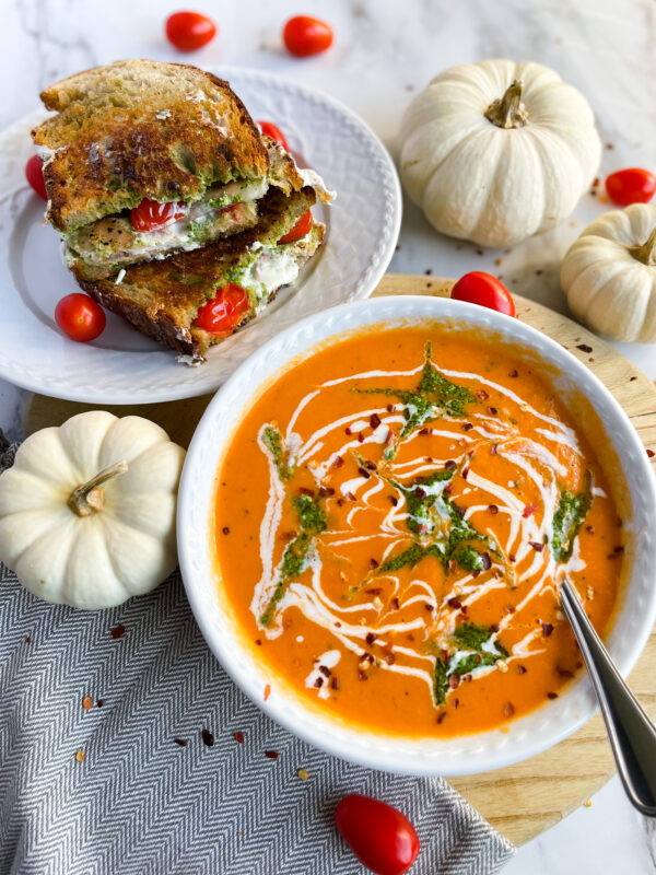 Tomato soup, grilled cheese sandwich, pumpkins