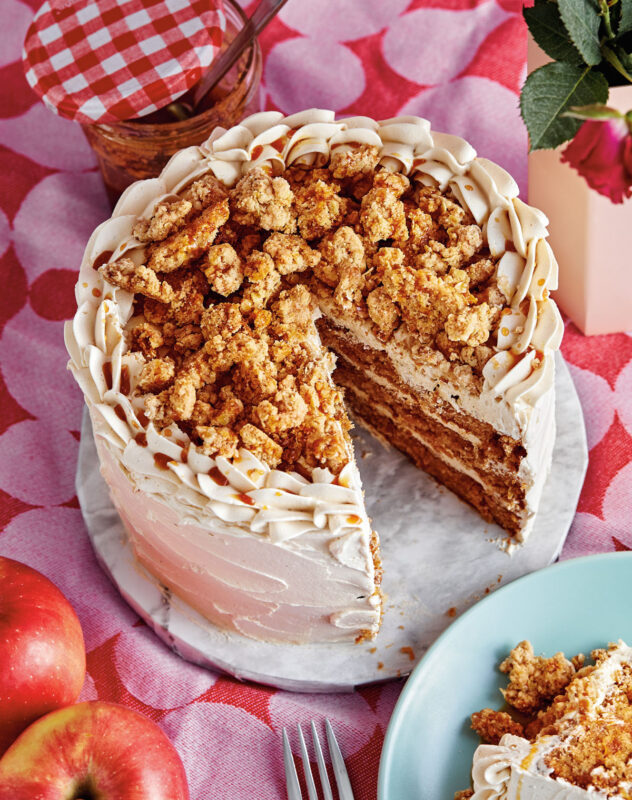 Apple caramel cake with oatmeal cookie crumble