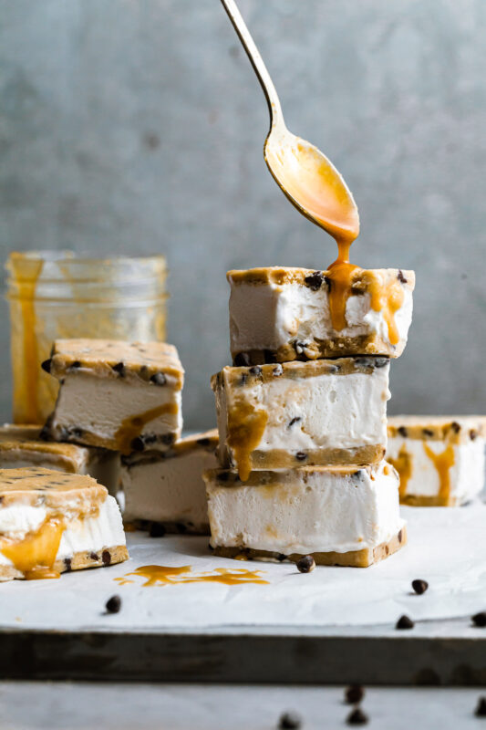 Cookie Dough Ice Cream Sandwiches with Caramel Swirls