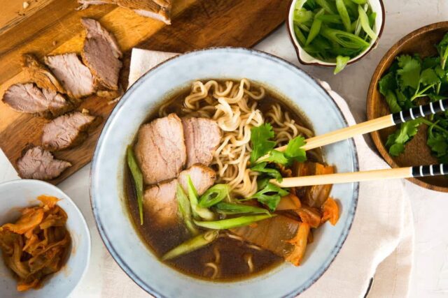 Kimchi ramen in a bowl.